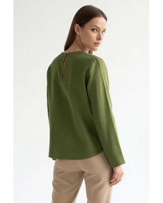 Exquise Green Fifine Long Sleeve Linen Blouse