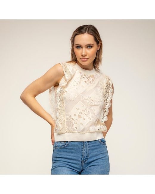 Tantra Spain Sl Natural Neutrals Sheer Lace Top With An Elastic Waistband