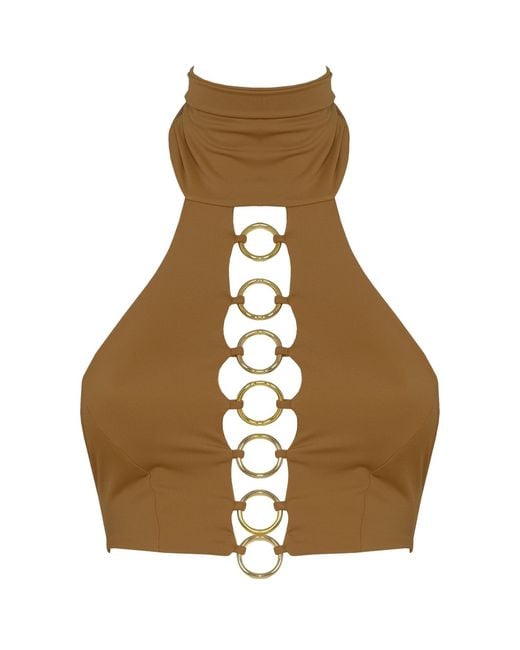 ANTONINIAS Natural Panama Halterneck Tie Fastening Bikini Top With Golden Details