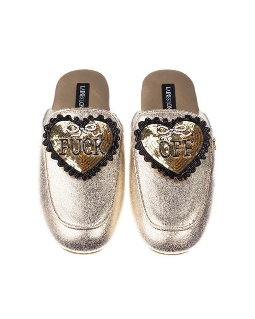 Laines London Metallic Classic Mules With & Fuck Off Hearts Brooches