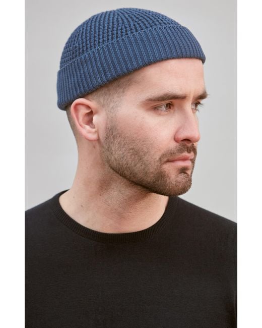 Paul James Knitwear Blue Lightweight Cotton Whitby Docker Beanie for men