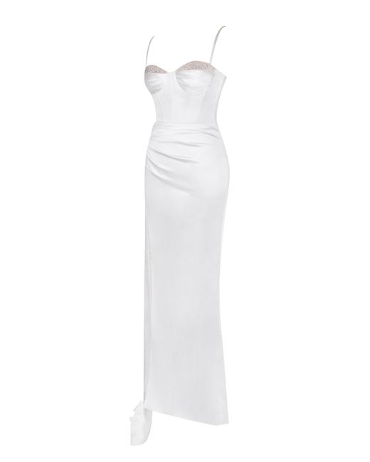 Miss Circle New York White Vanity Satin High Slit Draping Corset Gown With Crystals