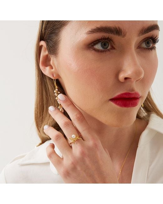 Spero London Metallic Barbed Wire Design Pearl Adjustable Sterling Natural Hammered Ring