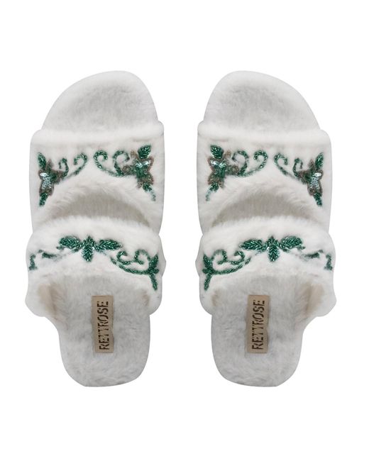 Rettrose Green Neutrals Elkie Cream Luxury Plush Diamanté Embellished Handmade Slipper