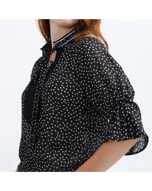 Smart and Joy Gray Polka Dots Tulip Sleeves Chiffon Blouse