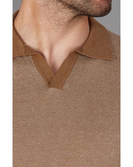 Paul James Knitwear Brown Mens Lightweight Cotton Giovanni Honeycomb Buttonless Polo Shirt for men