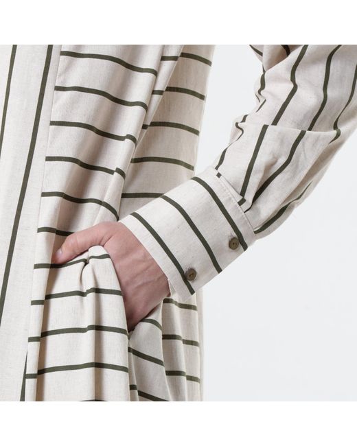 Metamorph White Striped Linen-Cotton Maxi Shirt Dress With Buttons- Khaki Stripes