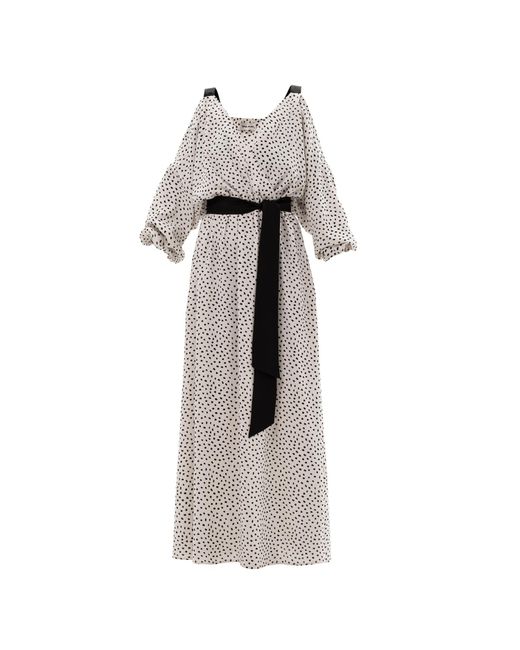 Julia Allert Chiffon Designer Polka Dot Maxi Dress in Grey / White