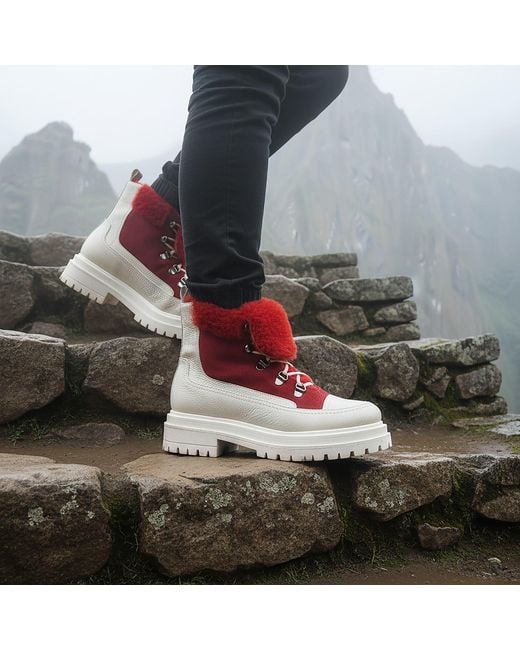 Beautiisoles by Robyn Shreiber Made in Italy Red Francy Leather & Faux Fur Comfortable Ankle Hiking Valentine Bootie