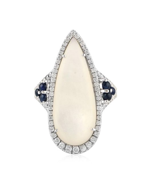 Artisan Metallic 18k White Gold With Pave Diamond & Blue Sapphire And Mother Of Pearl Cocktail Ring Jewelry