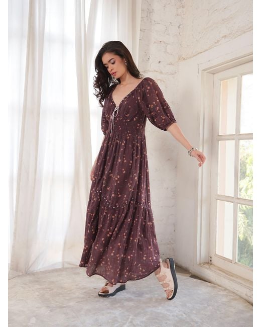 Rose & Nancy Purple Eloise Burgundy Floral Cotton Crinkle Midi Dress