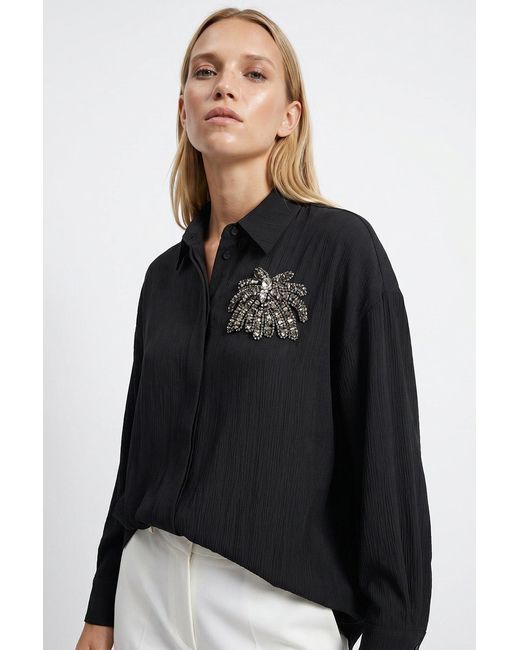Exquise Black Collared Long Sleeve Embroidered Crinkle Shirt