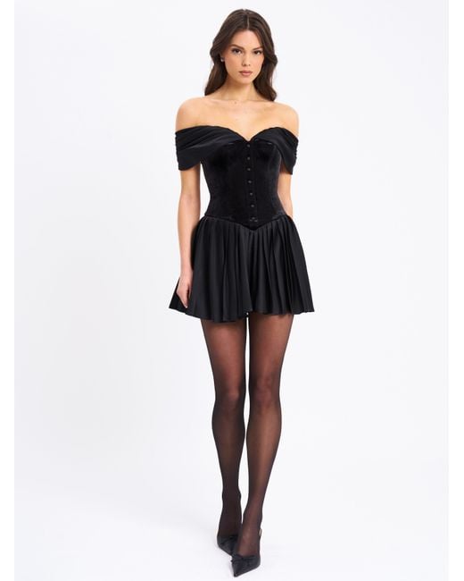 Miss Circle New York Black Echo Velvet Off-Shoulder Pleated Mini Dress