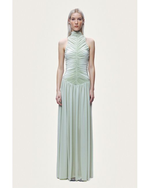 Nocturne Green Draped Stand Collar Maxi Dress