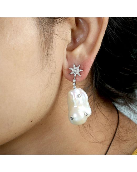 Artisan White Baroque Pearl & Diamond Star Drop Earrings