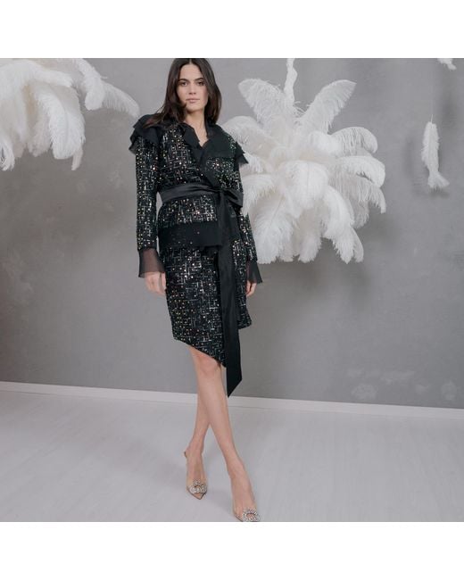 concept A trois Black Sequin Jacket With Satin Taffeta Cord And Veil Details