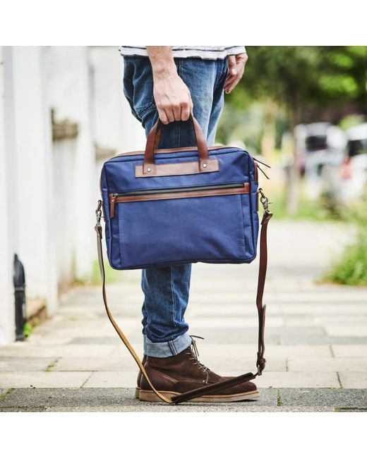 VIDA VIDA Blue Nylon & Leather Trim Laptop Bag for men