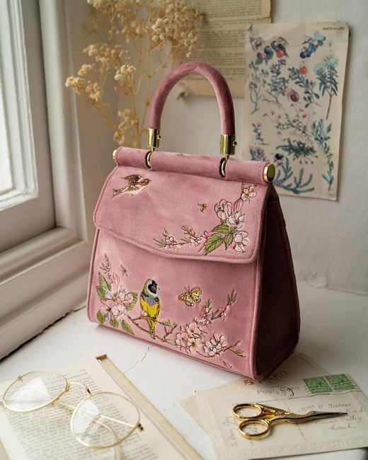Fable England Pink Morning Song Bird Embroidered Mini Tote
