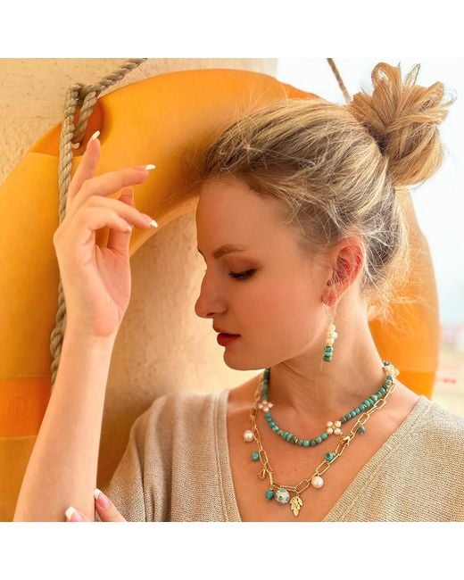 Farra White Freshwater Pearls With Turquoise Earrings