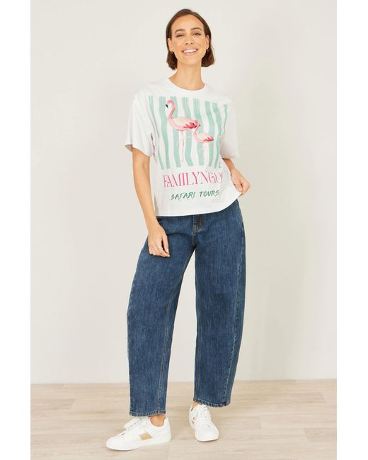 Yumi' White Retro Relaxed Flamingo Cotton T Shirt