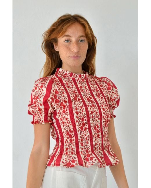 Mind Traveler Red Chia Floral Short-Sleeved Blouse