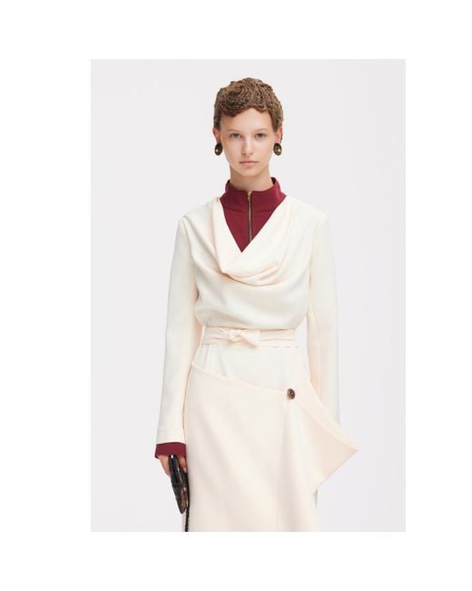 Julia Allert Natural Neutrals Two-Tone Asymmetric Draped High-Neck Midi Dress – Ivory