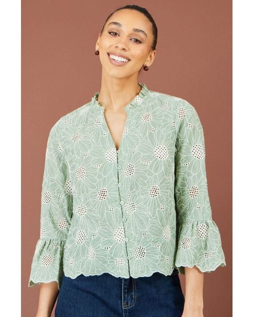 Yumi' Green Daisy Broderie Shirt With Fluted Sleeves