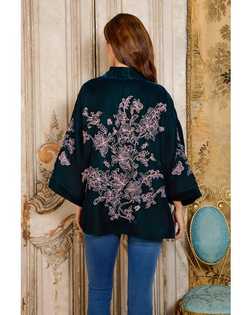 Artemis Muse Blue Wild Flowers & Butterflies & Velvet Embroidered Short Kimono