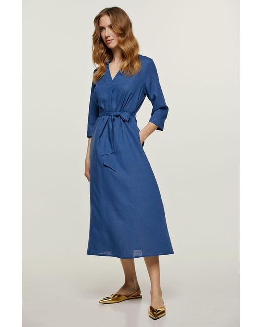 Conquista Blue Linen Style Midi Dress With Belt