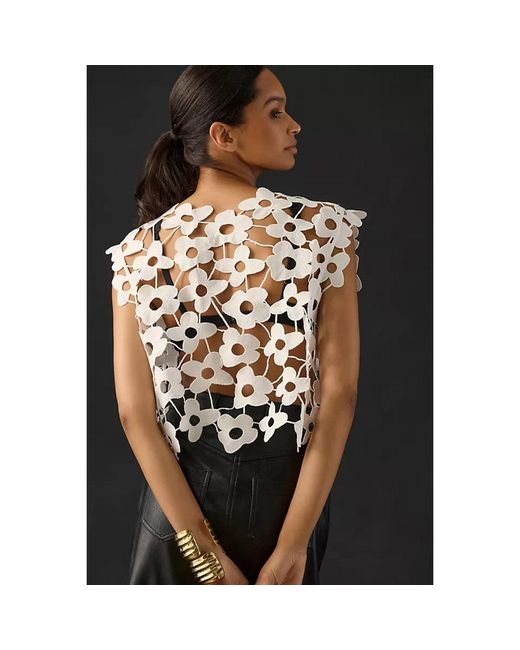 Saachi White Floral Open Knit Vest Top
