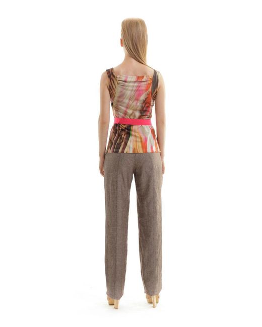 Conquista Brown Ruched Print Sleeveless Top