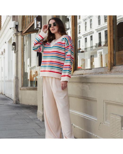 Cara & The Sky Red Jasmine Wide Sleeve V Neck Striped Jumper