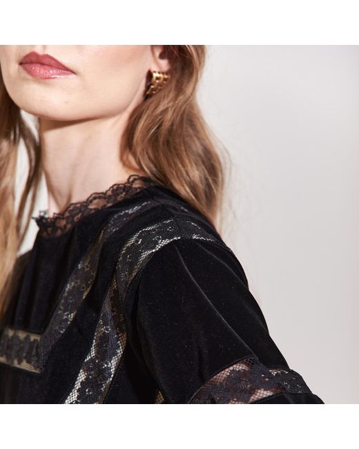 Roch Perel Blue Velvet Lace Patchork Flare Dress