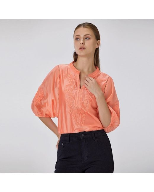 Smart and Joy Orange Embroidered Tencel-Blend Blouse