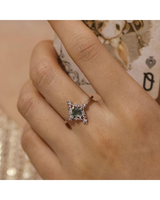 Azura Jewelry New York White Vine Diamond Moss Agate Ring Vermeil