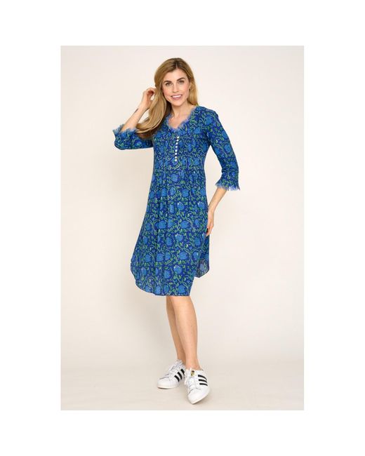 At Last Blue Annabel Cotton Tunic In Royal With & Green Flower