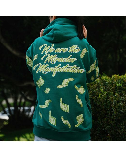 Miracles Manifester Green Manifestation Embroidered Hoodie With Rhinestone Design