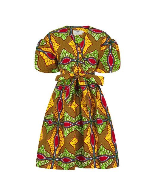 Ohema Ohene Yellow Cotton Floral Wrap Midi Dress