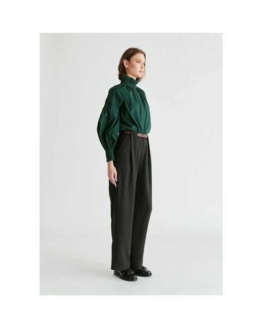 Paisie Green Puff Sleeve Shirt With Ruffled Collar