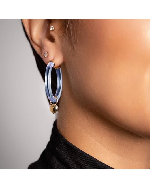 Gold & Honey Blue Heart Charm Hoop Earrings