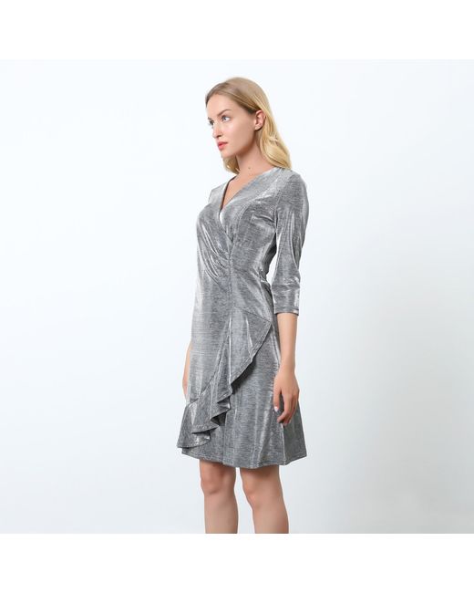 Smart and Joy Gray Cross-Heart Fit-And-Flare Tiered Ruffle Shiny Dress