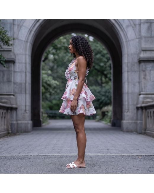 Modenaire Pink Floral Printed Mini Dress With Ruffle Layers And Tie Waist