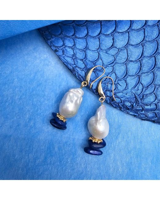 Farra White Elegant Baroque Pearl With Kyanite Earrings