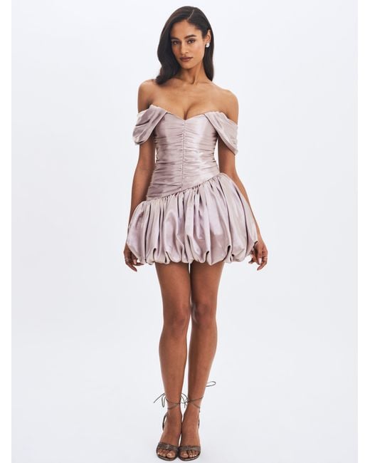 Miss Circle New York Gray Neutrals Milena Champagne Ruched Asymmetrical Bubble Mini Dress