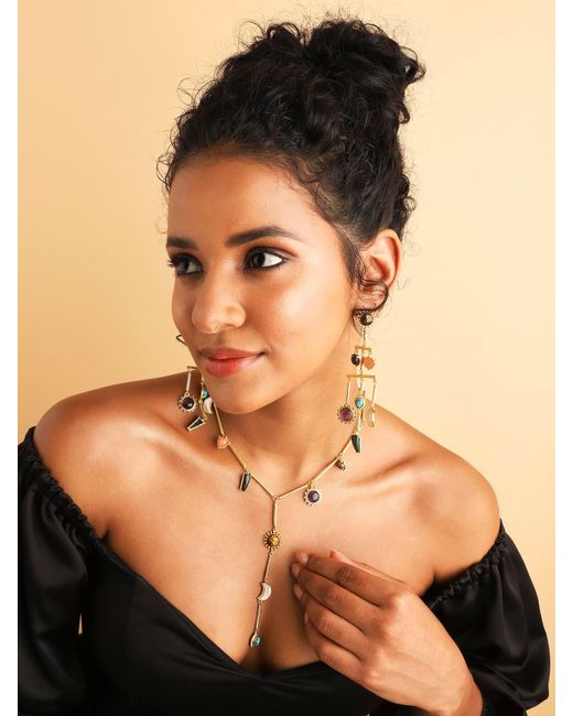 Lila Rasa Metallic Multi Stones Drop Lariat Necklace With 7 Semi-Precious Gemstone