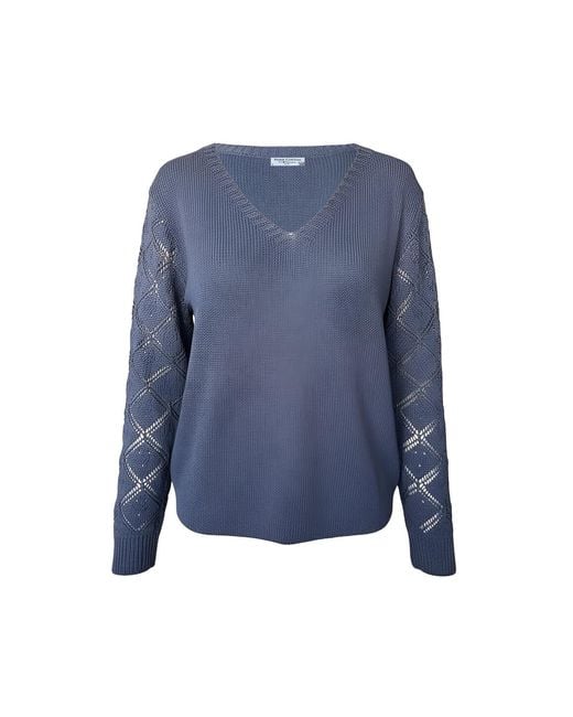 Haris Cotton Blue Knit Sweater With Embroidered Sleeves Denim