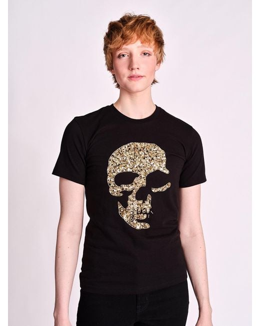 Any Old Iron Black Golden Shadow Skull Beaded T-Shirt