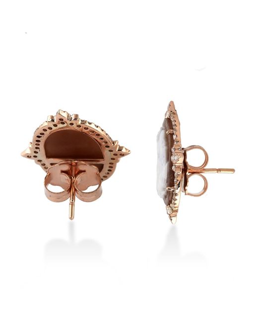 Artisan Brown Rose Shall Cameo Diamond Halo Stud Earrings