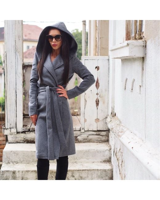 Adrenaline Fashion Blue Long Wool Coat With Hood And Belt – Handmade Designer Winter Overcoat