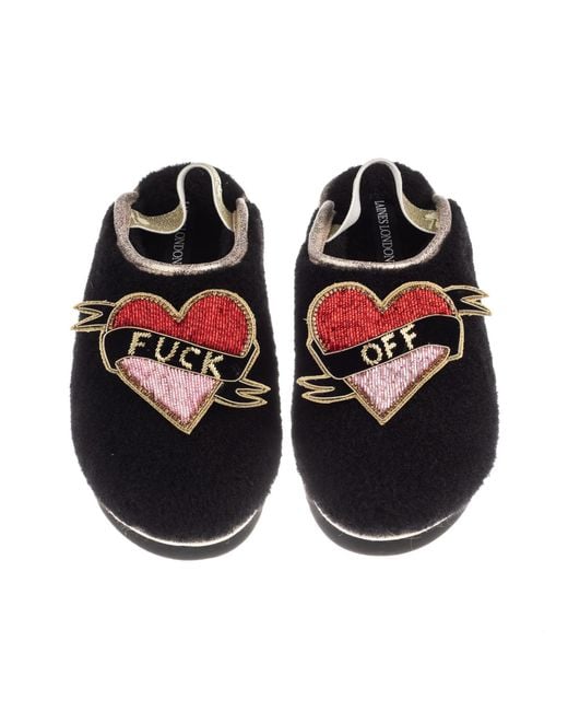 Laines London Black Flatform Cloud Closed Toe Slippers With Fuck Off Brooches
